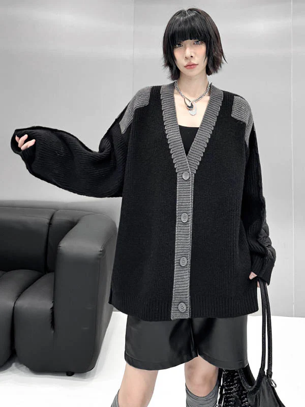 Long Sleeves Loose Buttoned Contrast Color Reversible Split-Joint Collarless Cardigan Tops Outerwear - Image 6