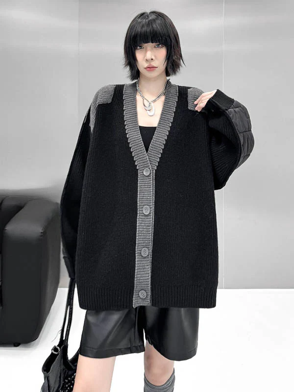 Long Sleeves Loose Buttoned Contrast Color Reversible Split-Joint Collarless Cardigan Tops Outerwear - Image 7