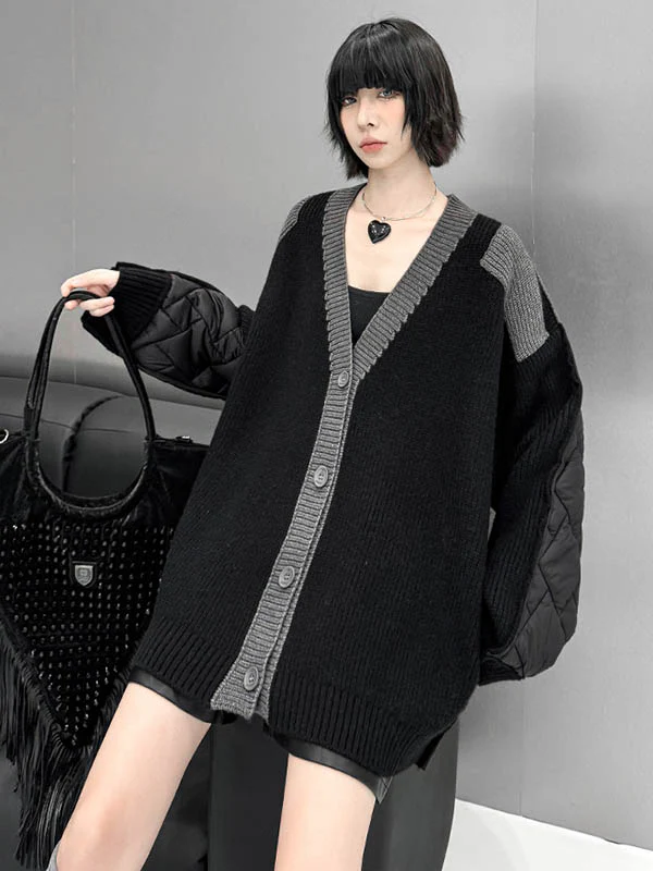 Long Sleeves Loose Buttoned Contrast Color Reversible Split-Joint Collarless Cardigan Tops Outerwear - Image 9