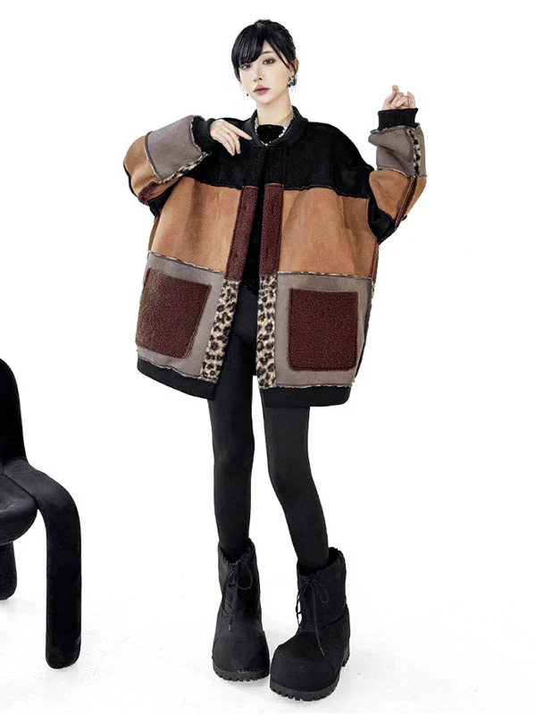 Long Sleeves Loose Buttoned Contrast Color Reversible Split-Joint Round-Neck Cardigan Tops Outerwear - Image 2