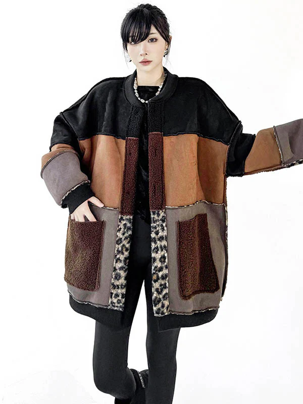 Long Sleeves Loose Buttoned Contrast Color Reversible Split-Joint Round-Neck Cardigan Tops Outerwear - Image 5