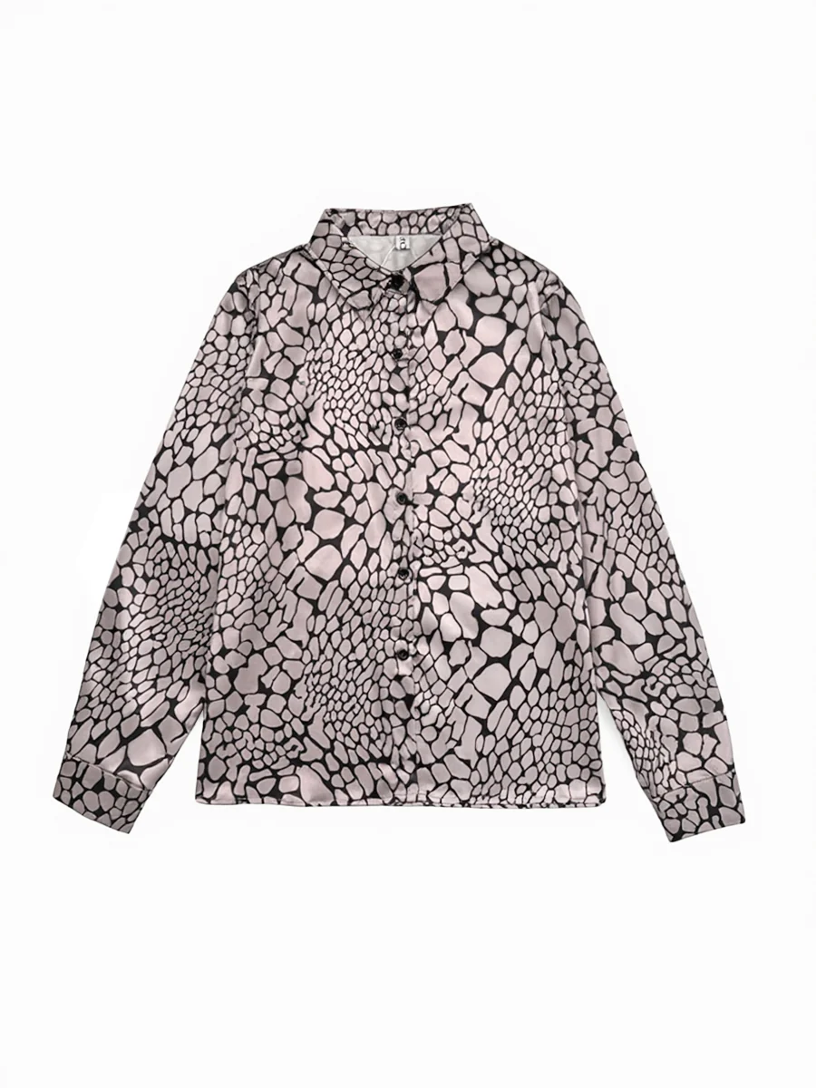 Long Sleeves Loose Buttoned Contrast Color Snakeskin Printed Lapel Blouses&Shirts Tops - Image 4