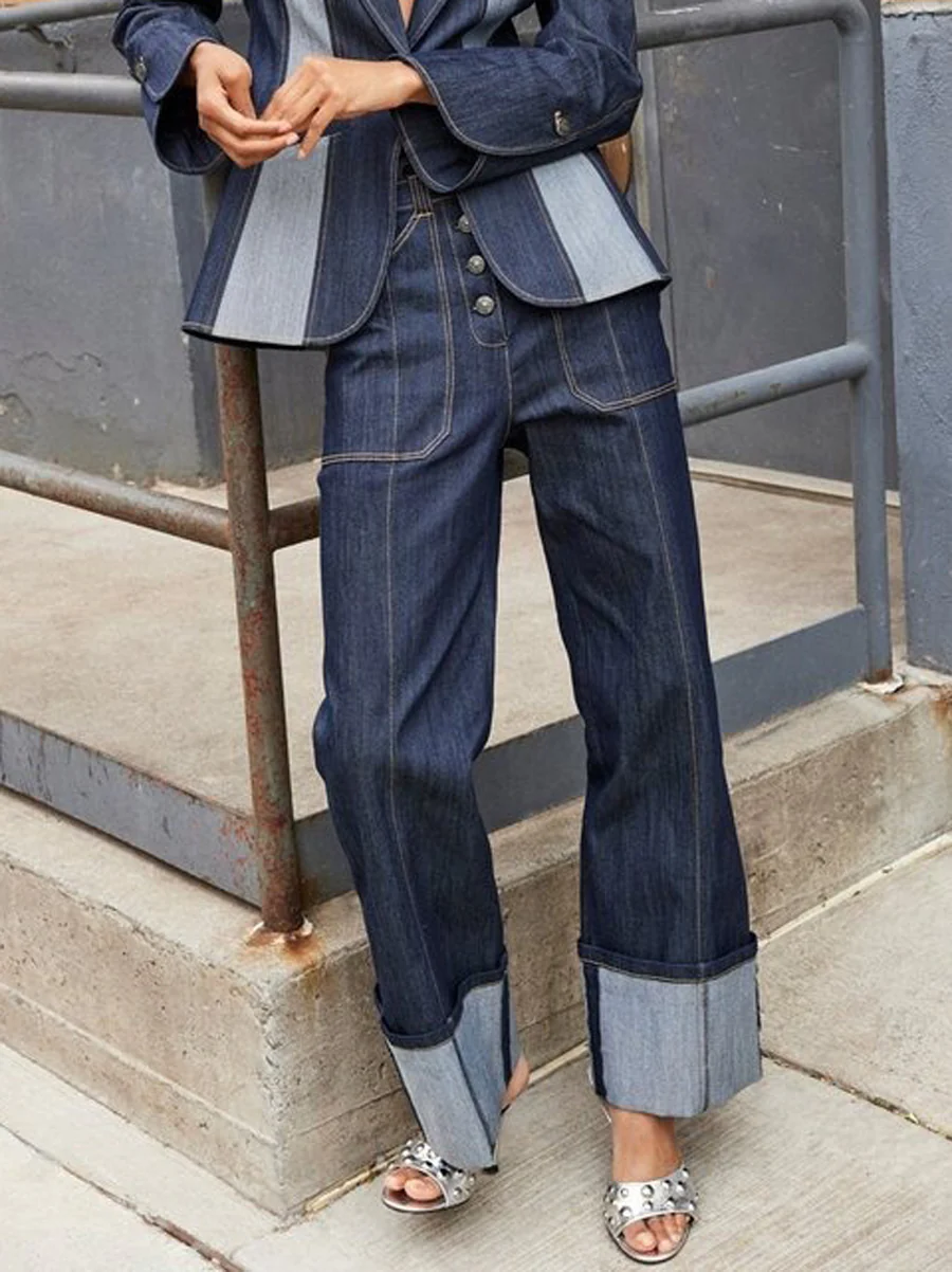 Long Sleeves Loose Buttoned Contrast Color Split-Joint Deep V-Neck Jackets Outerwear Two-Piece Sets - Image 3