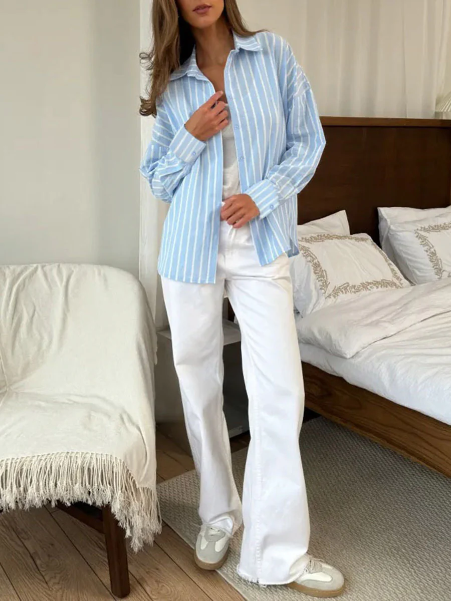 Long Sleeves Loose Buttoned Contrast Color Split-Joint Striped Lapel Blouses&Shirts Tops - Image 11