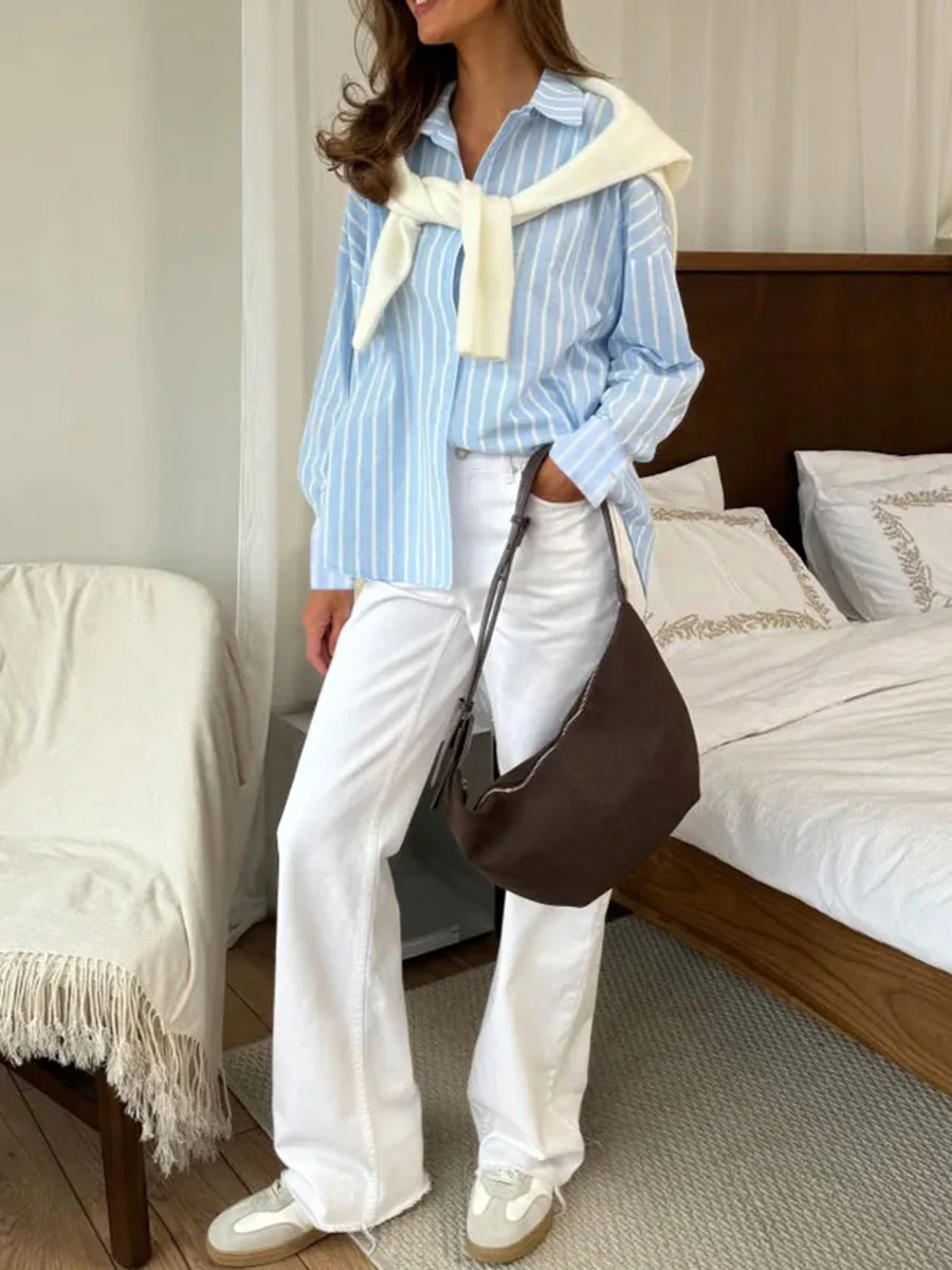 Long Sleeves Loose Buttoned Contrast Color Split-Joint Striped Lapel Blouses&Shirts Tops - Image 12