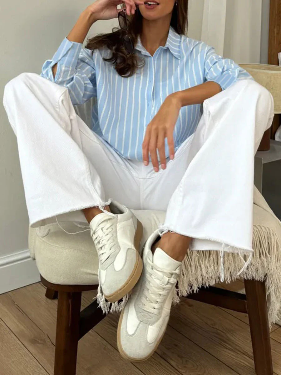 Long Sleeves Loose Buttoned Contrast Color Split-Joint Striped Lapel Blouses&Shirts Tops - Image 14