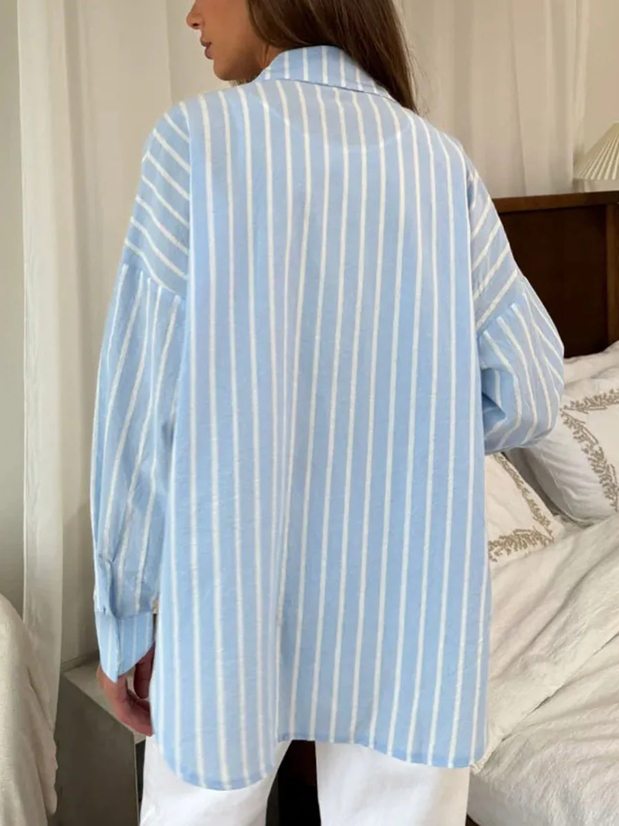 Long Sleeves Loose Buttoned Contrast Color Split-Joint Striped Lapel Blouses&Shirts Tops - Image 15