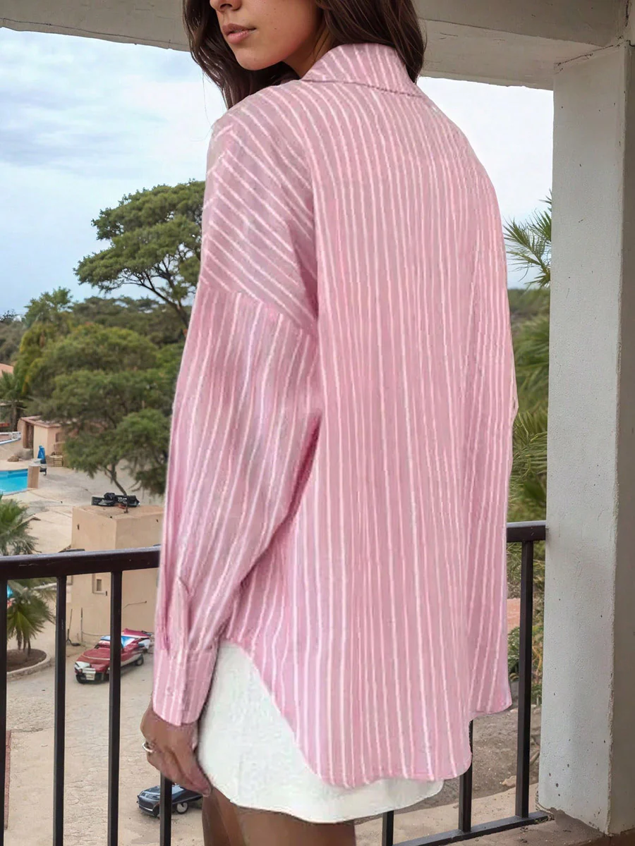Long Sleeves Loose Buttoned Contrast Color Split-Joint Striped Lapel Blouses&Shirts Tops - Image 18