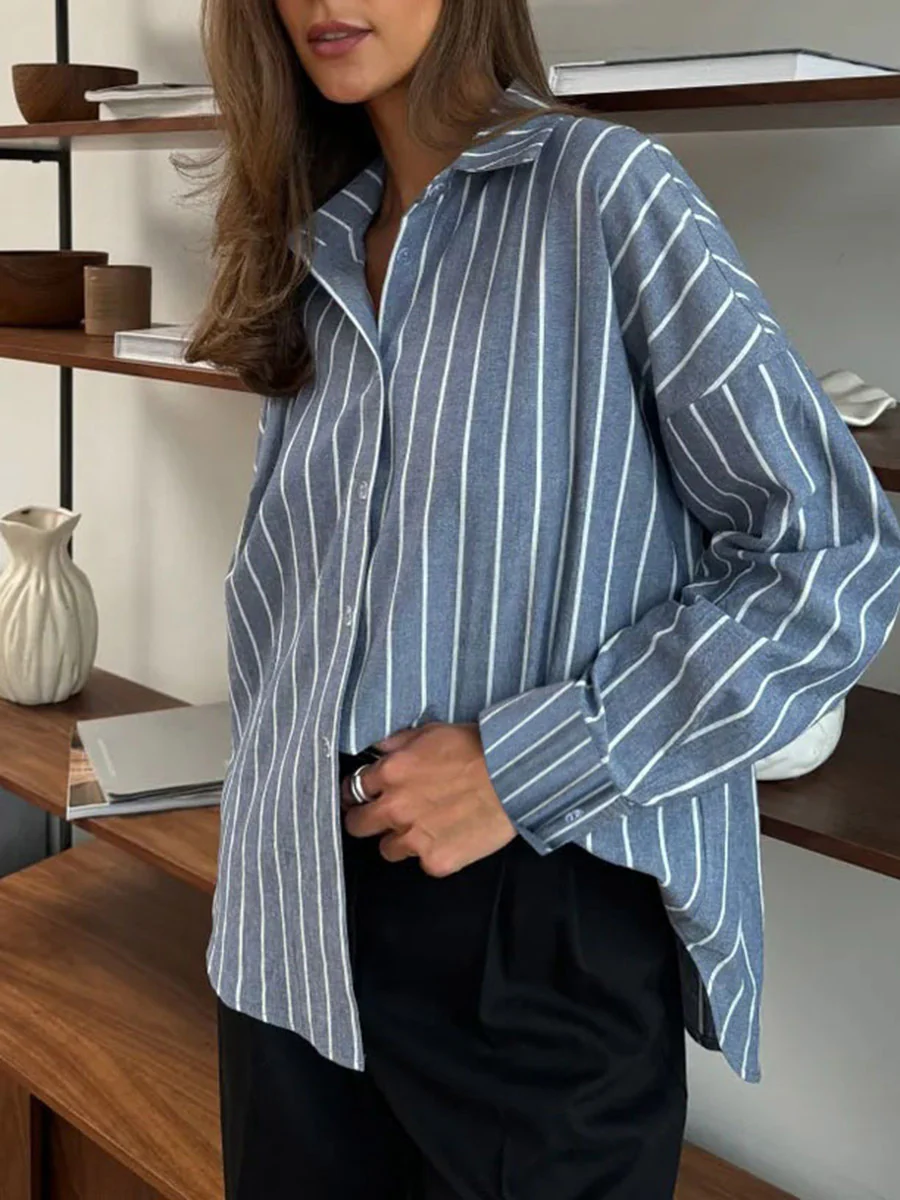 Long Sleeves Loose Buttoned Contrast Color Split-Joint Striped Lapel Blouses&Shirts Tops - Image 2