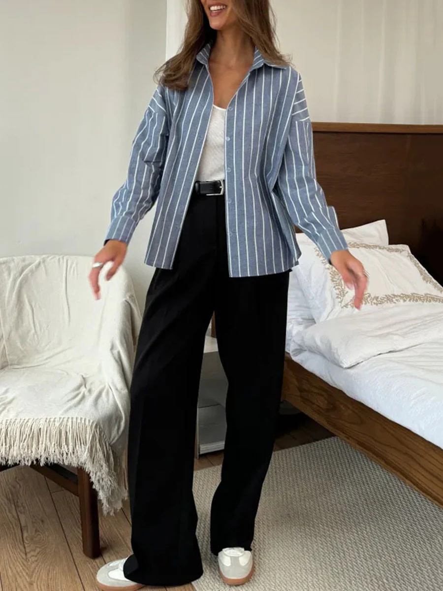 Long Sleeves Loose Buttoned Contrast Color Split-Joint Striped Lapel Blouses&Shirts Tops - Image 4