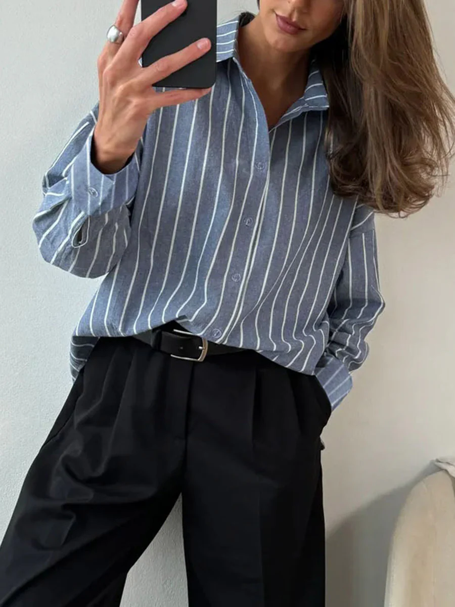 Long Sleeves Loose Buttoned Contrast Color Split-Joint Striped Lapel Blouses&Shirts Tops - Image 6