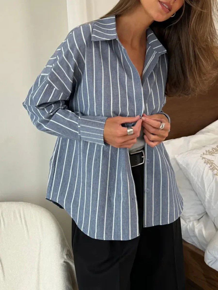 Long Sleeves Loose Buttoned Contrast Color Split-Joint Striped Lapel Blouses&Shirts Tops - Image 7