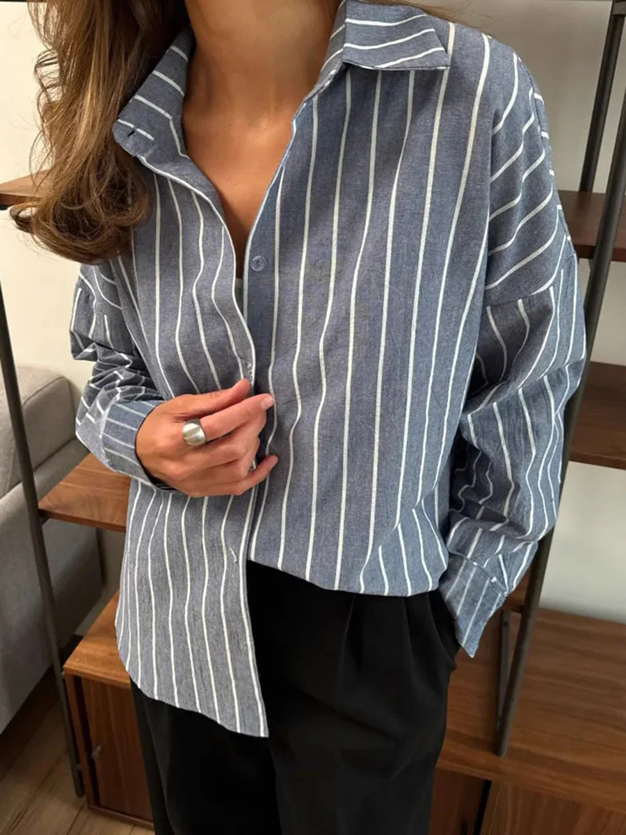Long Sleeves Loose Buttoned Contrast Color Split-Joint Striped Lapel Blouses&Shirts Tops - Image 8