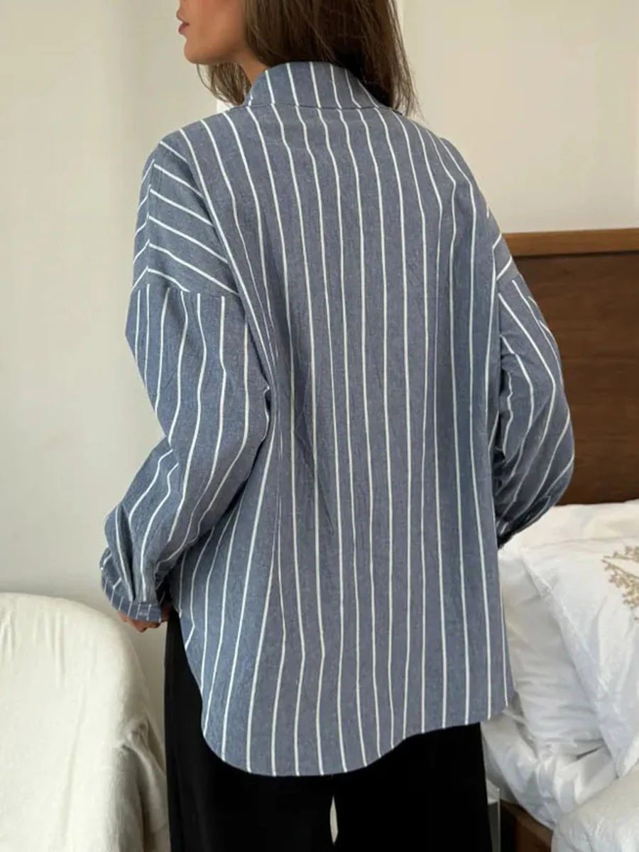 Long Sleeves Loose Buttoned Contrast Color Split-Joint Striped Lapel Blouses&Shirts Tops - Image 9