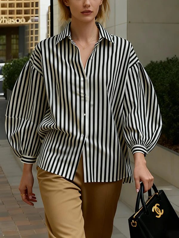 Long Sleeves Loose Buttoned Contrast Color Split-Joint Striped Lapel Blouses&Shirts Tops - Image 2