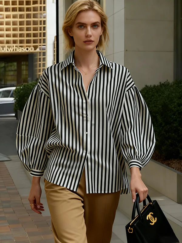 Long Sleeves Loose Buttoned Contrast Color Split-Joint Striped Lapel Blouses&Shirts Tops - Image 4