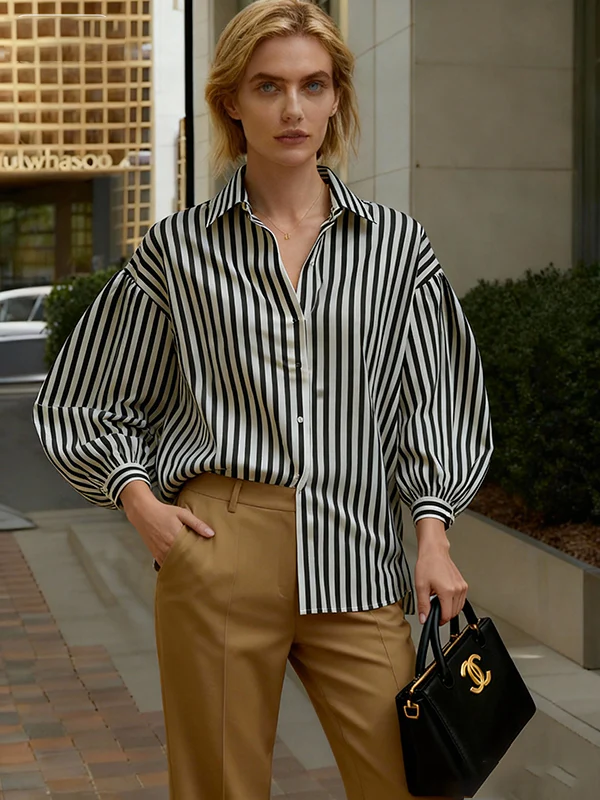 Long Sleeves Loose Buttoned Contrast Color Split-Joint Striped Lapel Blouses&Shirts Tops - Image 5