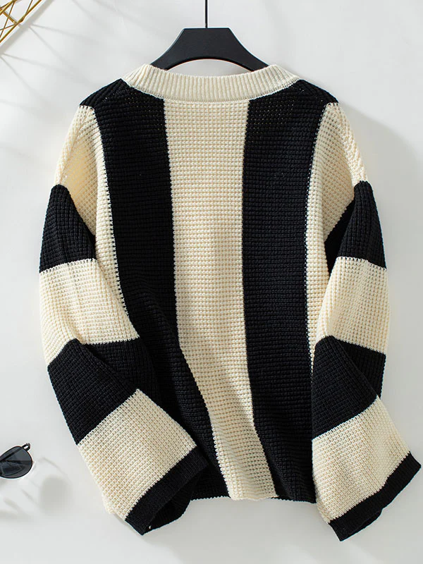 Long Sleeves Loose Buttoned Contrast Color Split-Joint Striped V-Neck Cardigan Tops - Image 10