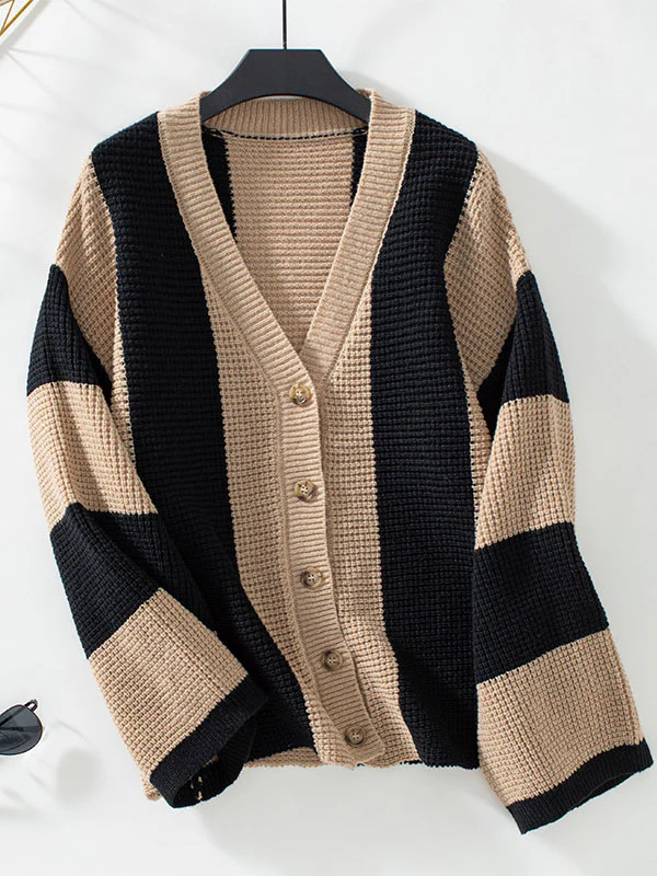 Long Sleeves Loose Buttoned Contrast Color Split-Joint Striped V-Neck Cardigan Tops - Image 11