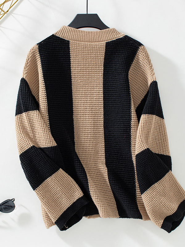 Long Sleeves Loose Buttoned Contrast Color Split-Joint Striped V-Neck Cardigan Tops - Image 12