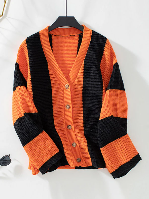 Long Sleeves Loose Buttoned Contrast Color Split-Joint Striped V-Neck Cardigan Tops - Image 13