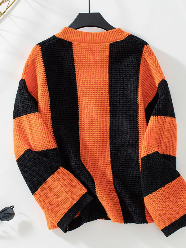 Long Sleeves Loose Buttoned Contrast Color Split-Joint Striped V-Neck Cardigan Tops - Image 14