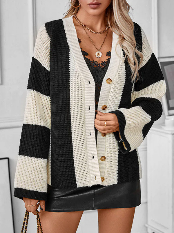 Long Sleeves Loose Buttoned Contrast Color Split-Joint Striped V-Neck Cardigan Tops - Image 3