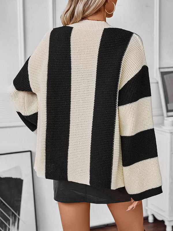 Long Sleeves Loose Buttoned Contrast Color Split-Joint Striped V-Neck Cardigan Tops - Image 7