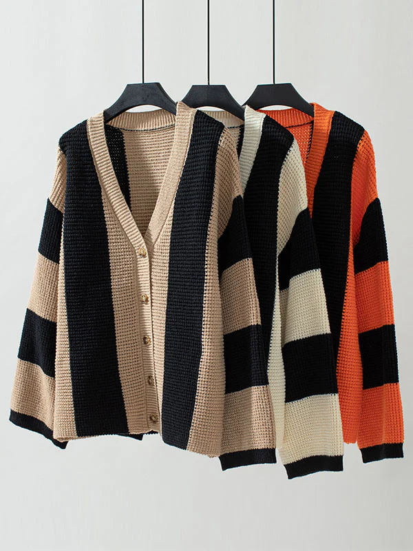 Long Sleeves Loose Buttoned Contrast Color Split-Joint Striped V-Neck Cardigan Tops - Image 8