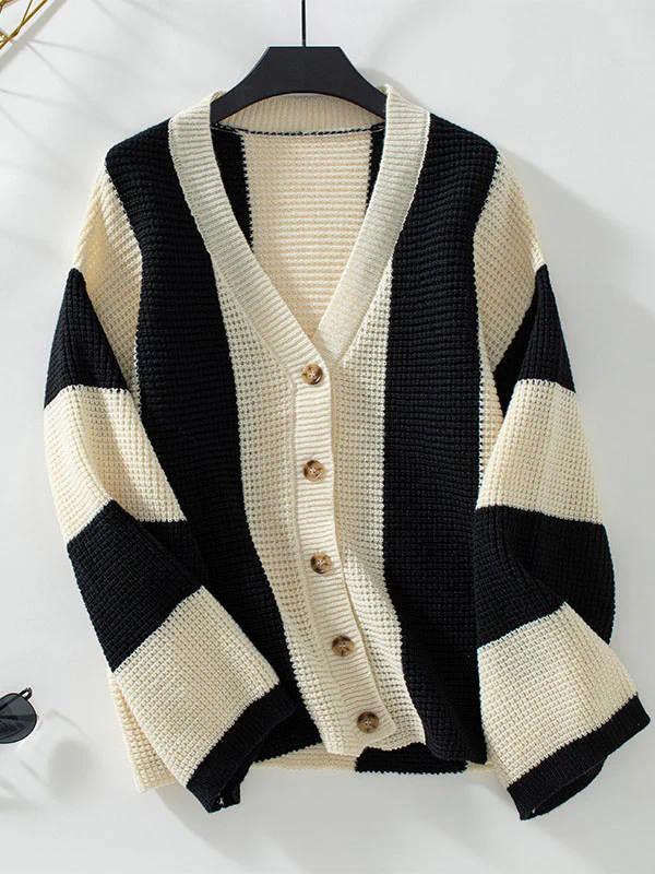 Long Sleeves Loose Buttoned Contrast Color Split-Joint Striped V-Neck Cardigan Tops - Image 9