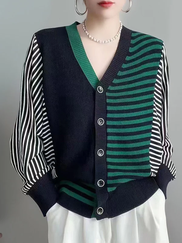 Long Sleeves Loose Buttoned Contrast Color Split-Joint Striped V-Neck Cardigan Tops Knitwear - Image 2