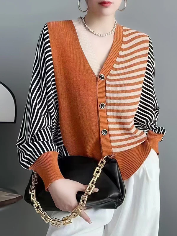 Long Sleeves Loose Buttoned Contrast Color Split-Joint Striped V-Neck Cardigan Tops Knitwear - Image 3