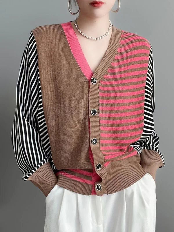 Long Sleeves Loose Buttoned Contrast Color Split-Joint Striped V-Neck Cardigan Tops Knitwear - Image 4