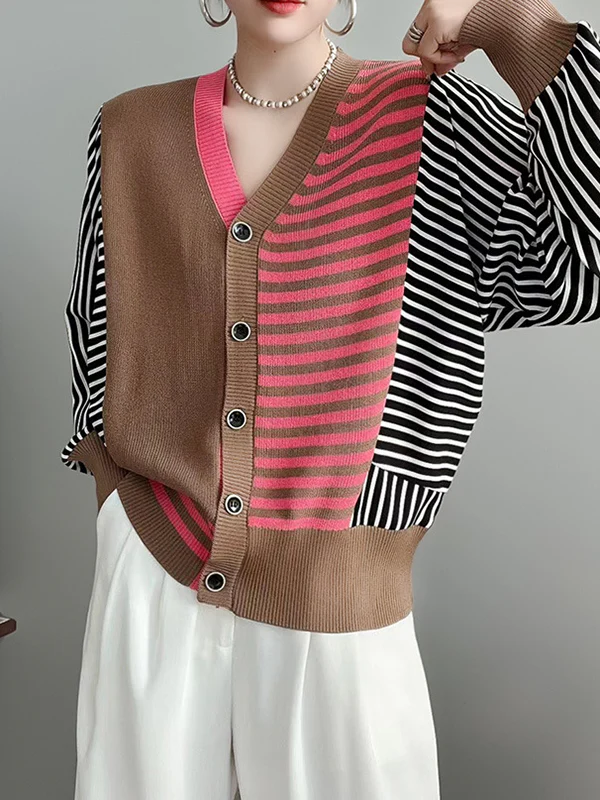 Long Sleeves Loose Buttoned Contrast Color Split-Joint Striped V-Neck Cardigan Tops Knitwear - Image 5