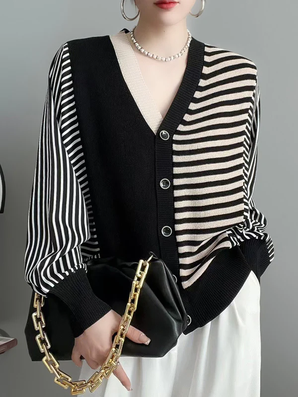 Long Sleeves Loose Buttoned Contrast Color Split-Joint Striped V-Neck Cardigan Tops Knitwear - Image 6