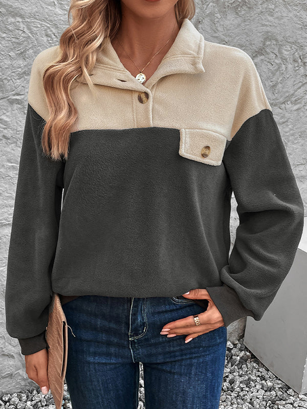 Long Sleeves Loose Buttoned Contrast Color Split-Joint Velvet Stand Collar Sweatshirt Tops - Image 2