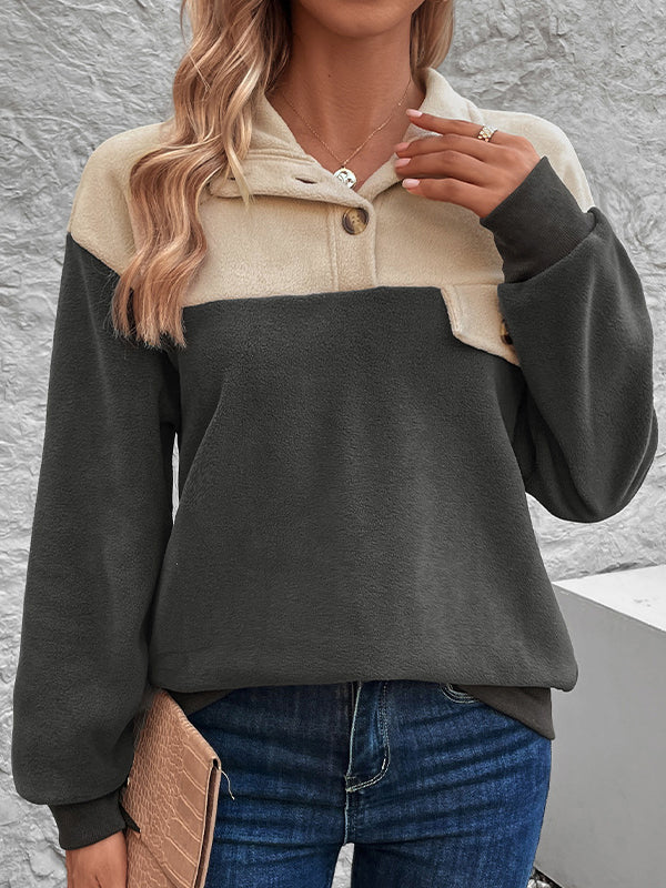 Long Sleeves Loose Buttoned Contrast Color Split-Joint Velvet Stand Collar Sweatshirt Tops - Image 3