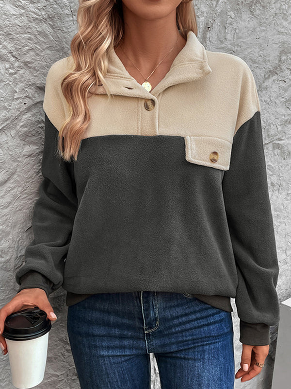Long Sleeves Loose Buttoned Contrast Color Split-Joint Velvet Stand Collar Sweatshirt Tops - Image 4