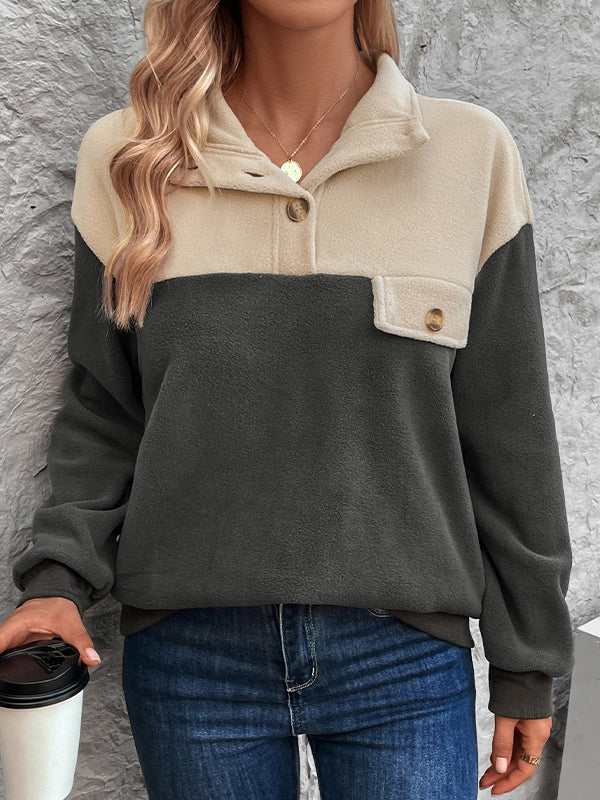 Long Sleeves Loose Buttoned Contrast Color Split-Joint Velvet Stand Collar Sweatshirt Tops - Image 5
