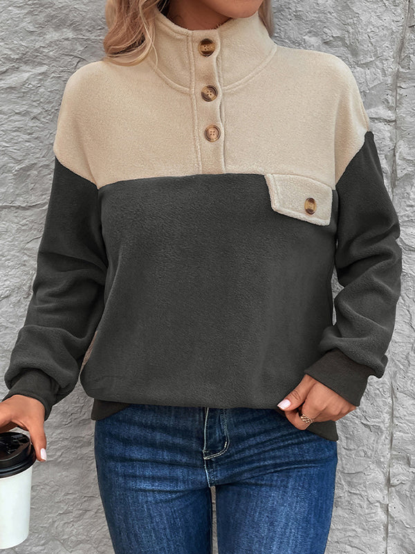 Long Sleeves Loose Buttoned Contrast Color Split-Joint Velvet Stand Collar Sweatshirt Tops - Image 6