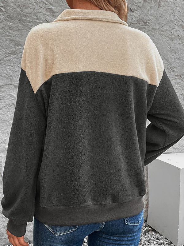 Long Sleeves Loose Buttoned Contrast Color Split-Joint Velvet Stand Collar Sweatshirt Tops - Image 7