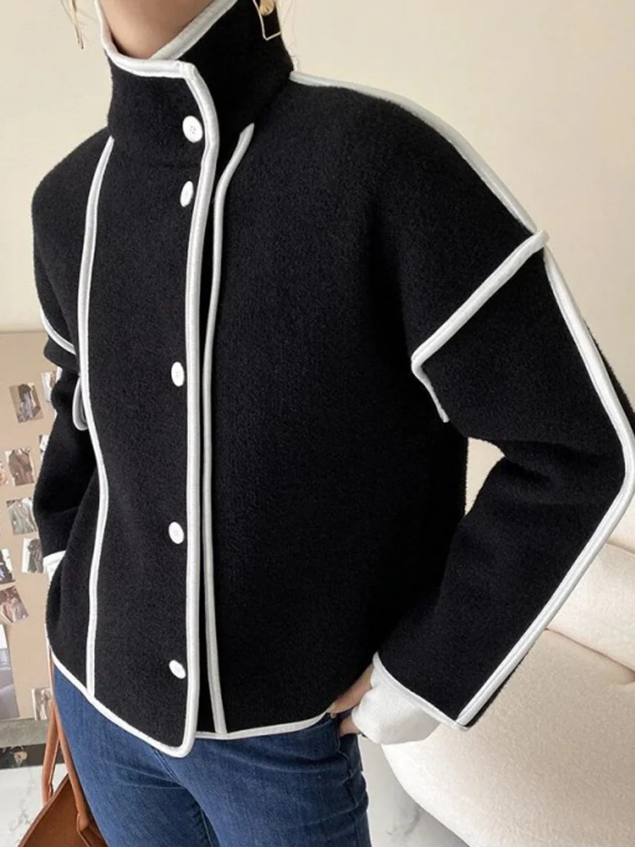 Long Sleeves Loose Buttoned Contrast Color Stand Collar Jackets Outerwear - Image 2