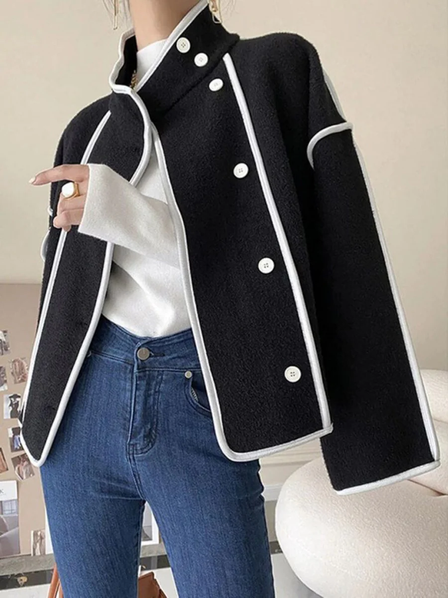 Long Sleeves Loose Buttoned Contrast Color Stand Collar Jackets Outerwear - Image 3