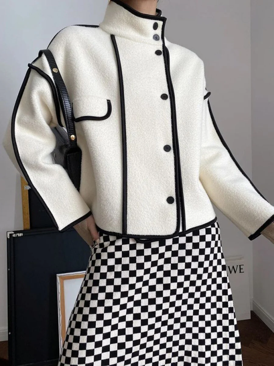 Long Sleeves Loose Buttoned Contrast Color Stand Collar Jackets Outerwear - Image 4