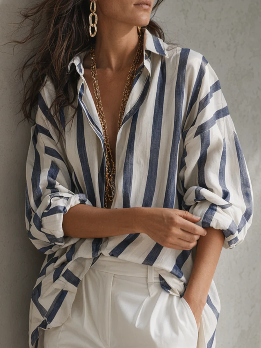 Long Sleeves Loose Buttoned Contrast Color Striped Lapel Blouses&Shirts Tops - Image 3