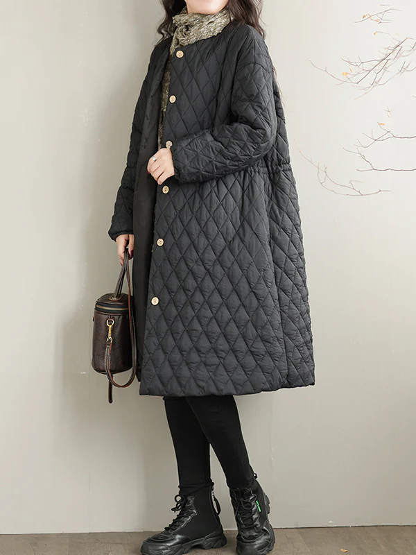 Long Sleeves Loose Buttoned Cotton-Padded Clothes Quilted Round-Neck Padded Coat Padded Coat/Down Coat - Image 8