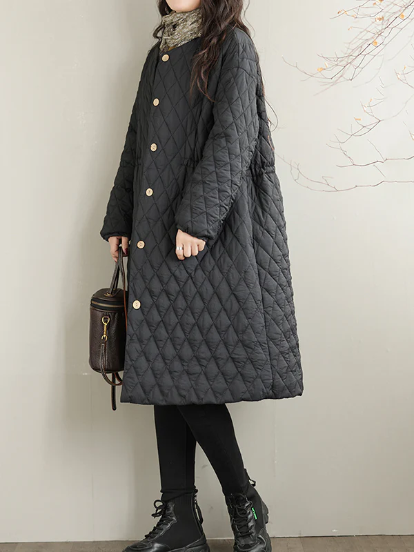 Long Sleeves Loose Buttoned Cotton-Padded Clothes Quilted Round-Neck Padded Coat Padded Coat/Down Coat - Image 9