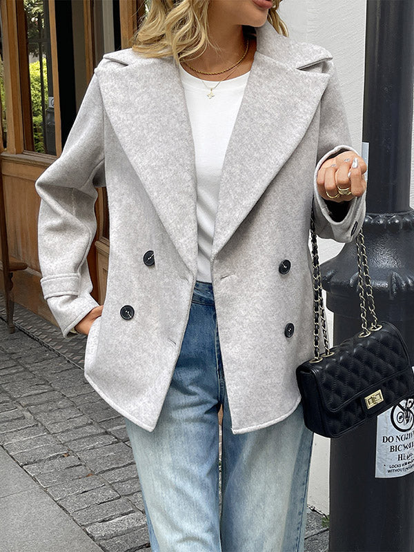 Long Sleeves Loose Buttoned Double-Breasted Solid Color Lapel Blazer Outerwear - Image 2