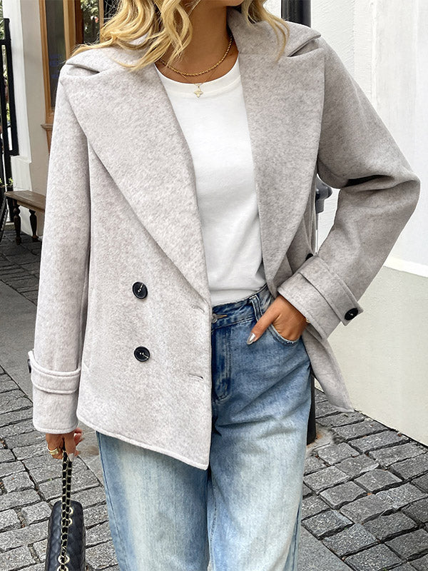 Long Sleeves Loose Buttoned Double-Breasted Solid Color Lapel Blazer Outerwear - Image 4
