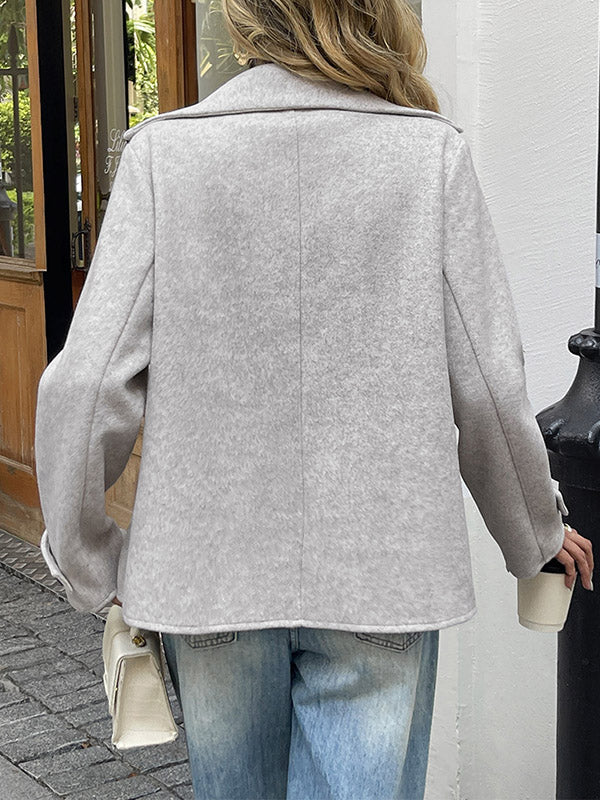 Long Sleeves Loose Buttoned Double-Breasted Solid Color Lapel Blazer Outerwear - Image 5